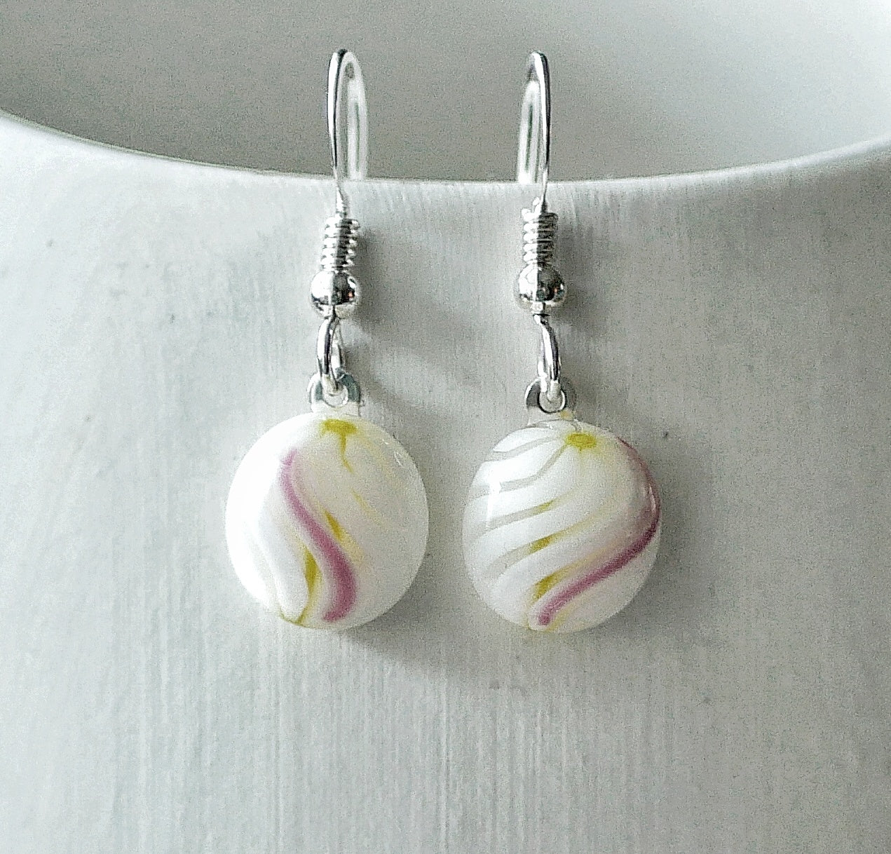 White, Pink and Yellow Dangly Swirl Earrings #1