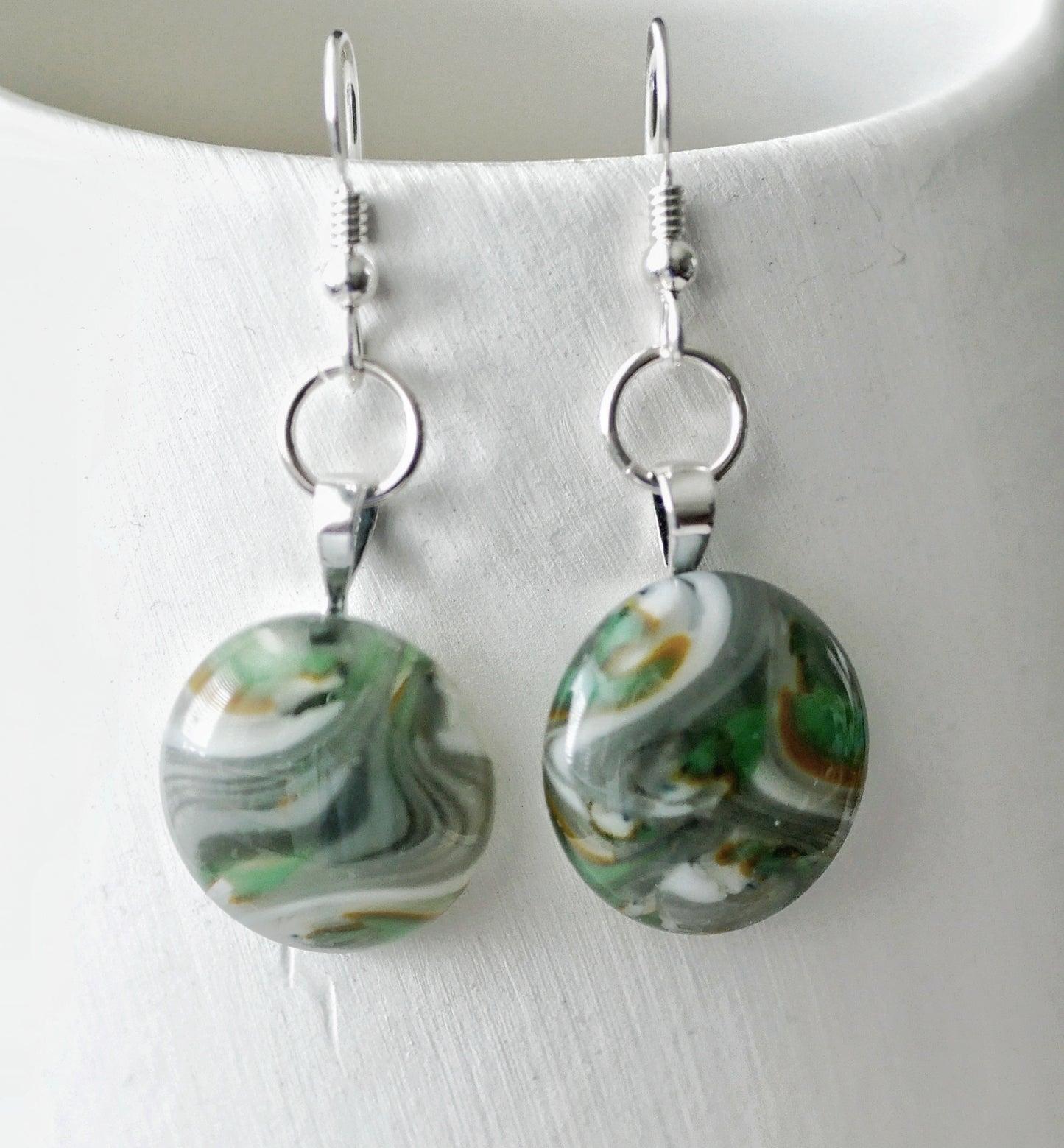 Dangly Swirling Green, Grey, Brown and White Earrings