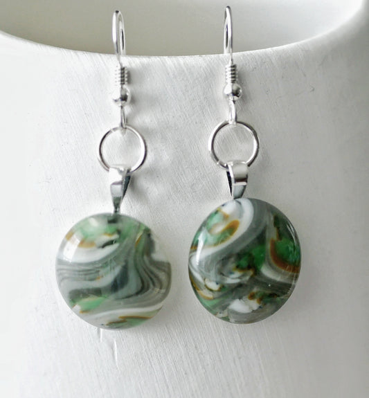 Dangly Swirling Green, Grey, Brown and White Earrings