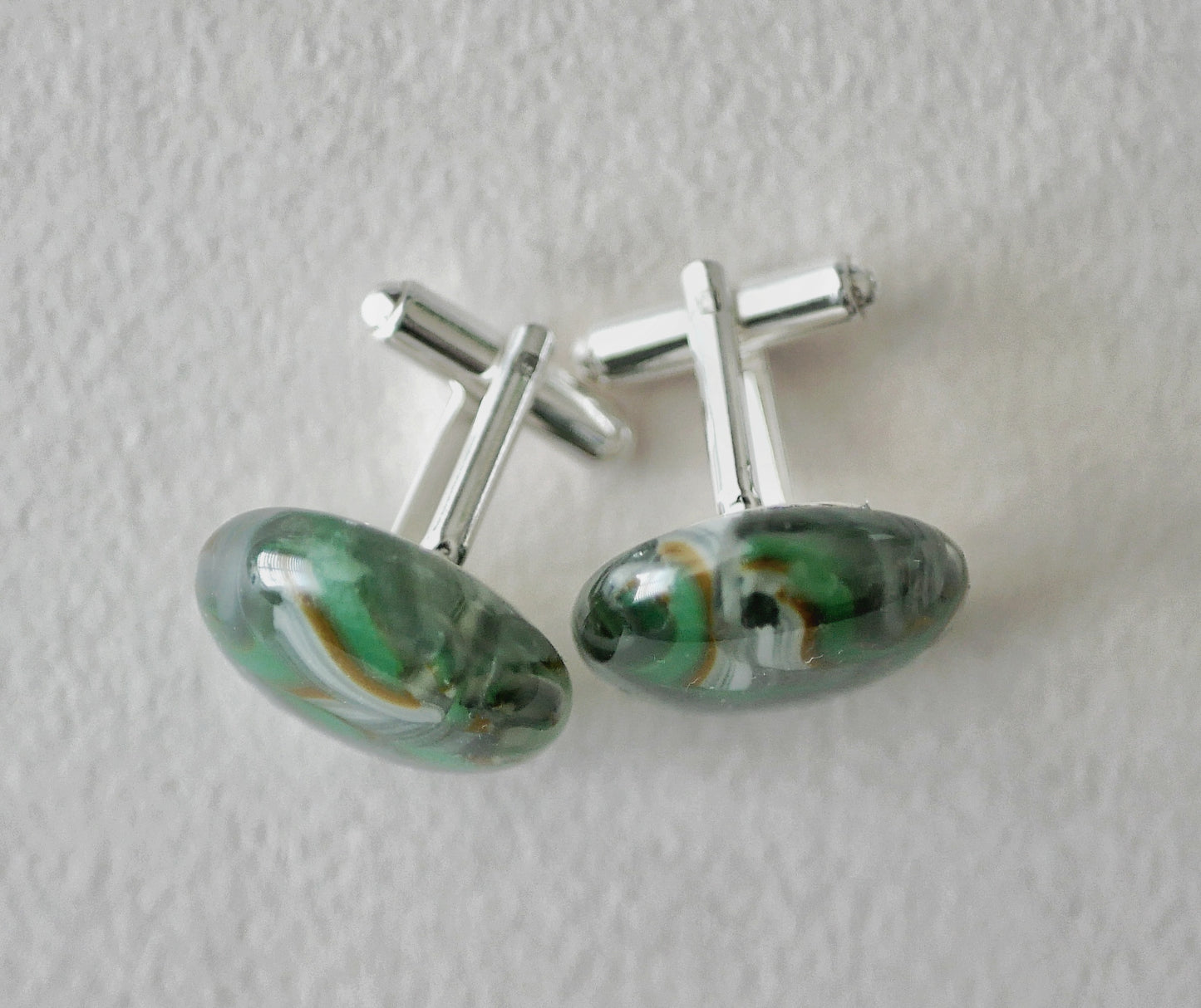 Swirling Grey, White, Brown and Green Sterling Silver Cufflinks