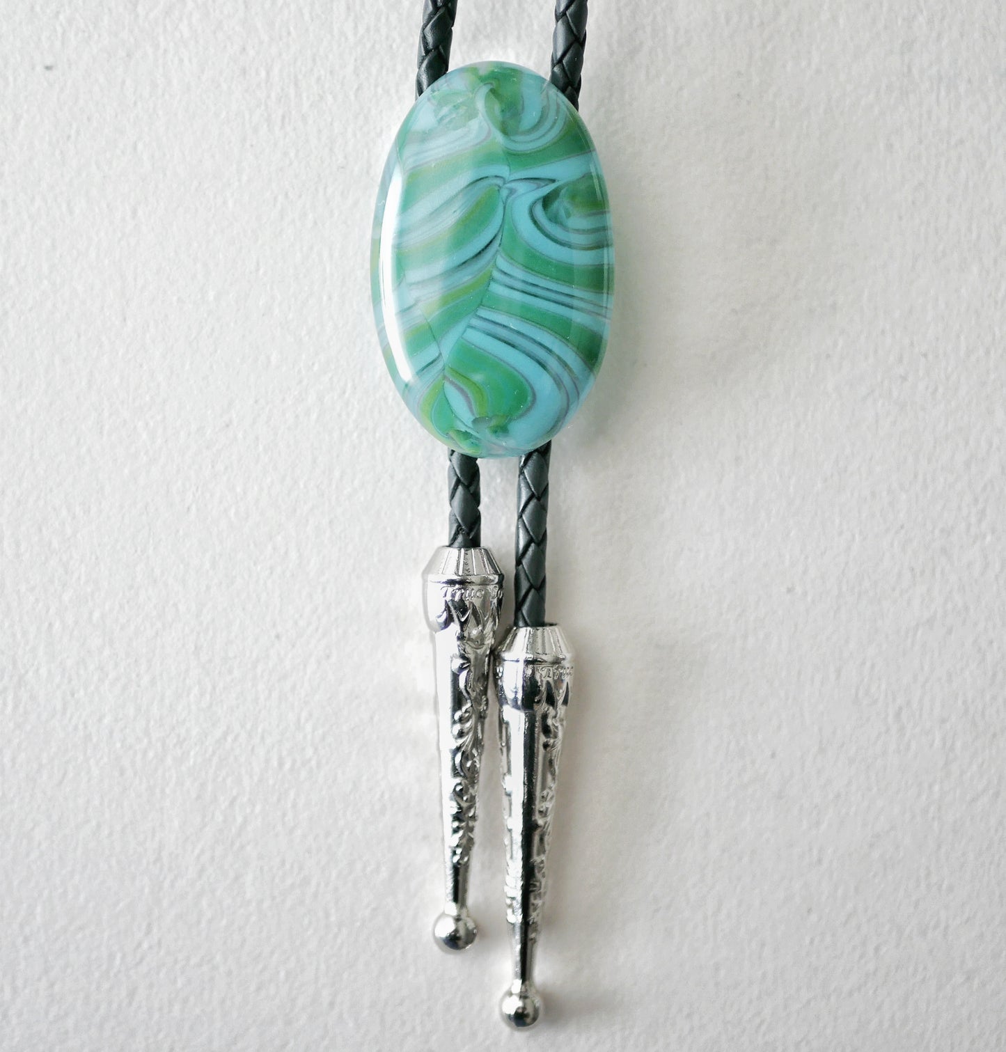 Swirling Blue and Green Oval Bolo Tie