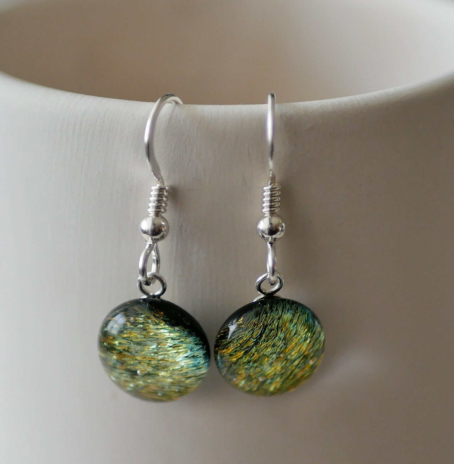 Green Dangly Dichroic Earrings