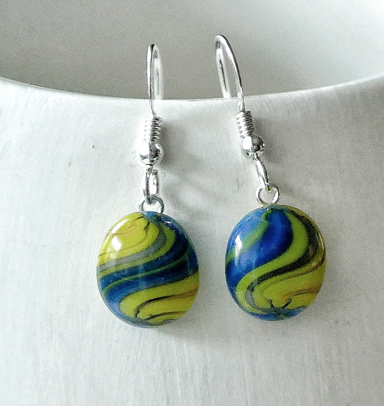 Blue and Yellow Dangly Swirl Earrings #1