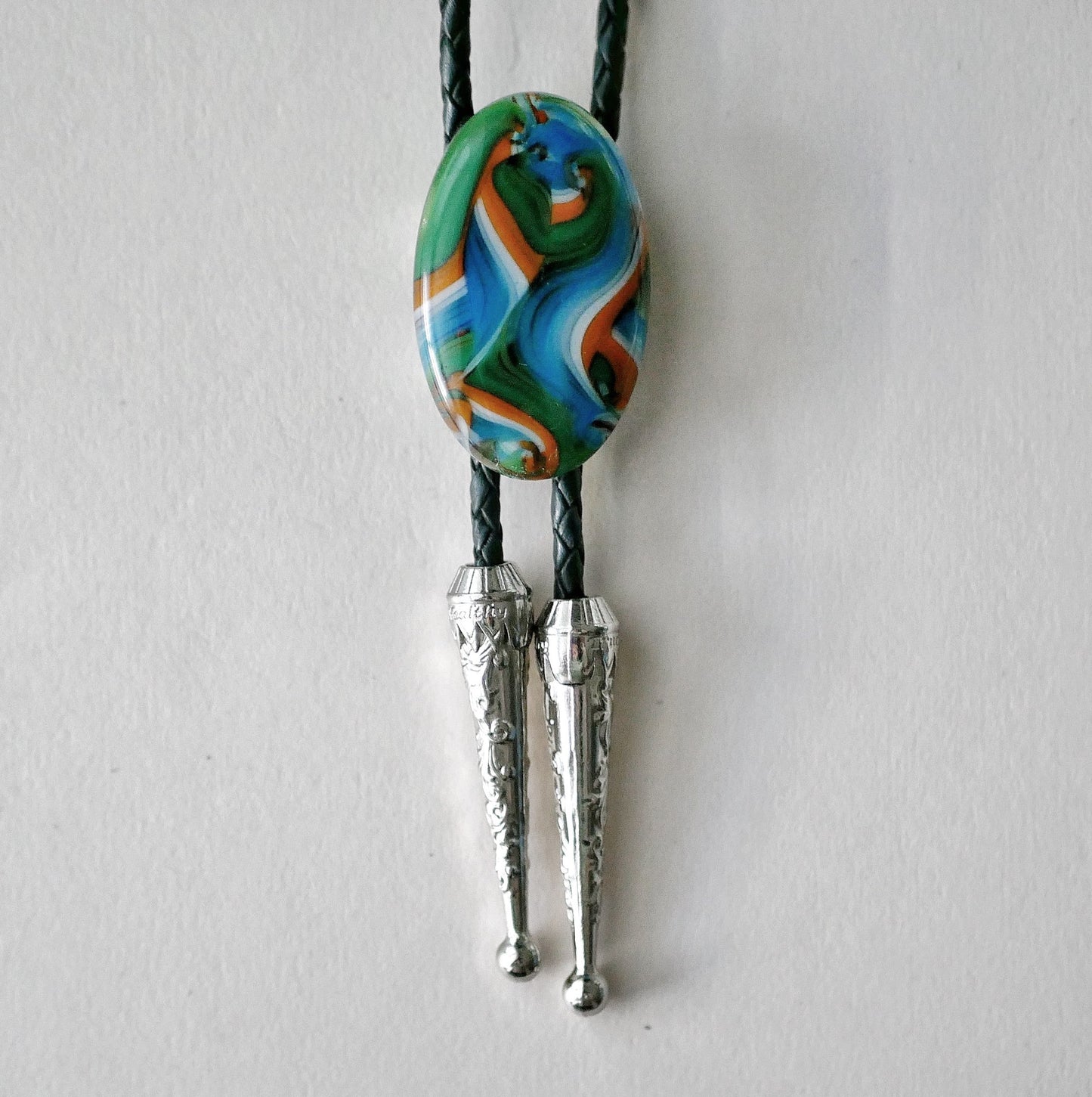Swirling Green, Blue, Orange and White Bolo Tie