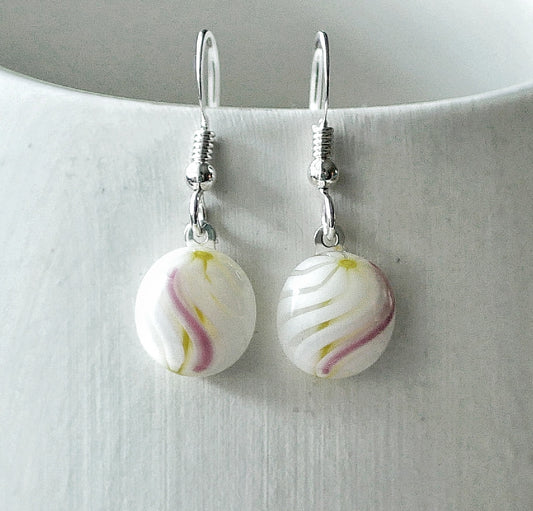 White, Pink and Yellow Dangly Swirl Earrings #1