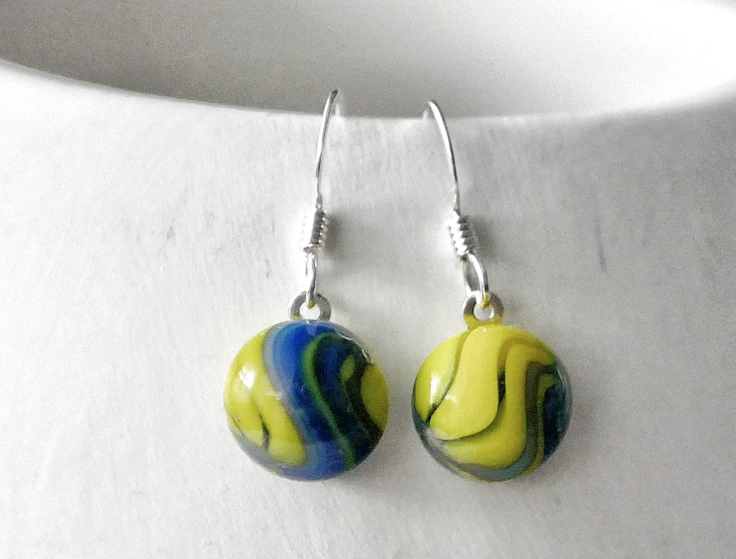 Blue and Yellow Dangly Swirl Earrings #3