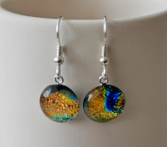 Dangly Orange and Blue Dichroic Earrings
