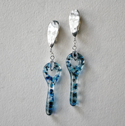 Dangly Blue Hammered Clip-On Earrings