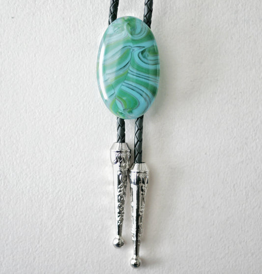 Swirling Blue and Green Oval Bolo Tie