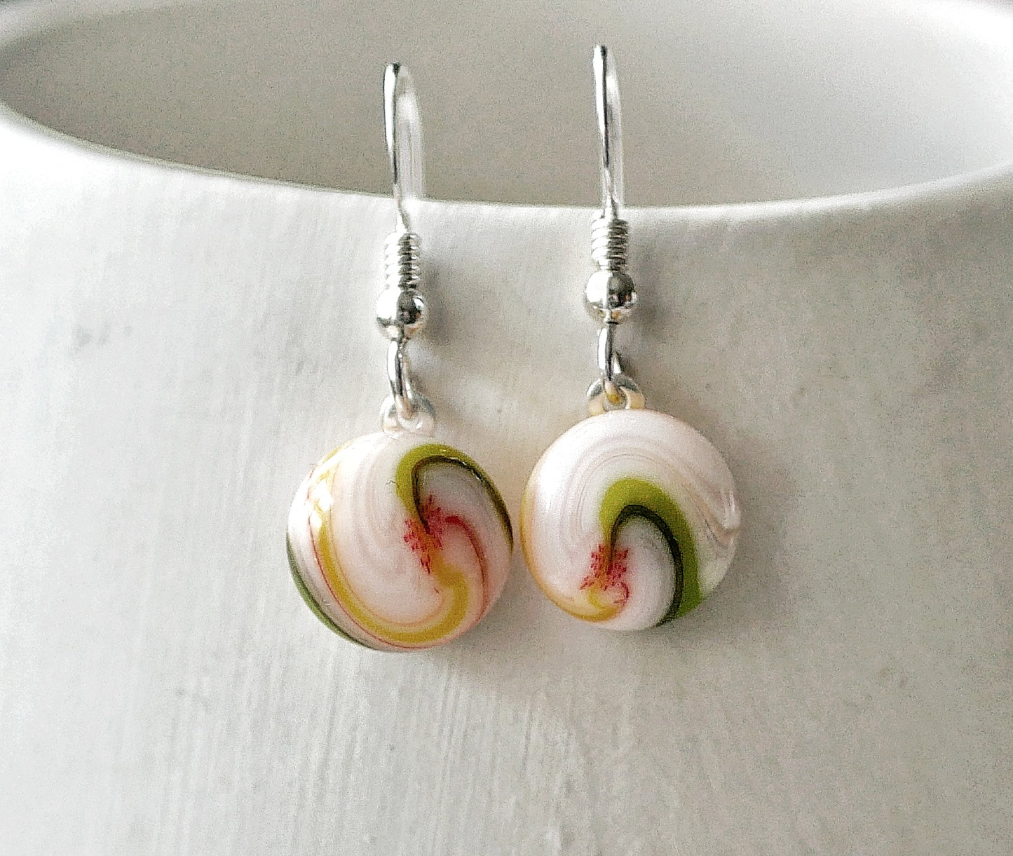 Pink, White and Green Dangly Swirl Earrings #1