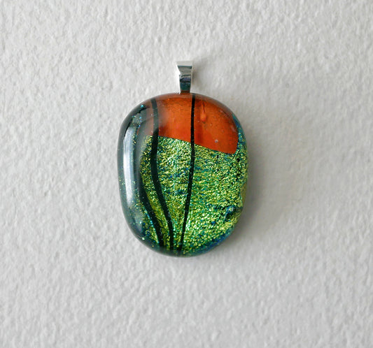 Green and Orange Dichroic Pendant #2 (Sterling Silver) (PENDANT ONLY)