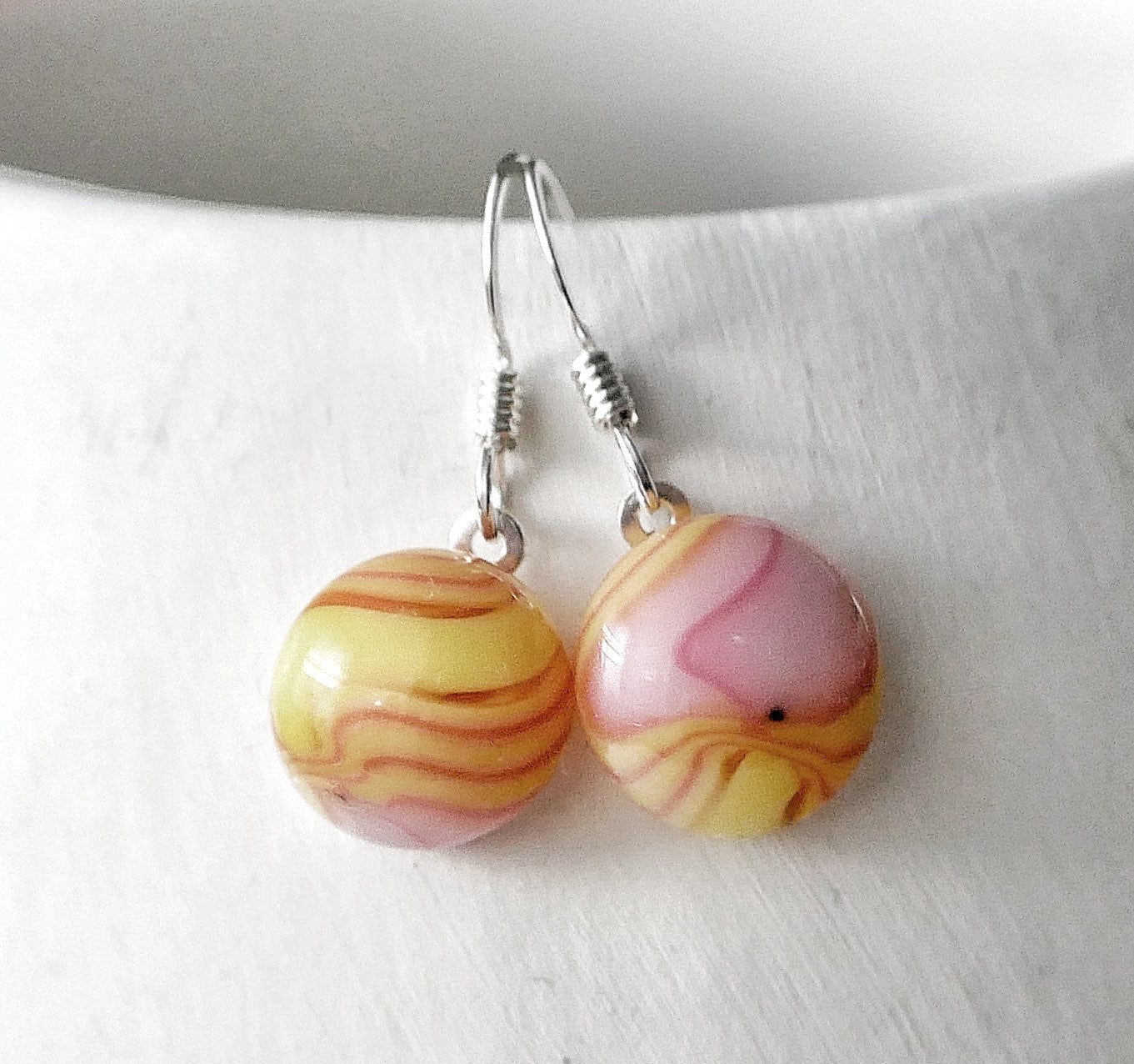 Pink and Yellow Dangly Swirl Earrings #1
