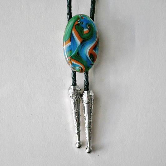Swirling Green, Blue, Orange and White Bolo Tie