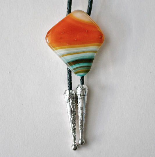 Banded Orange, Brown, White and Teal Bolo Tie