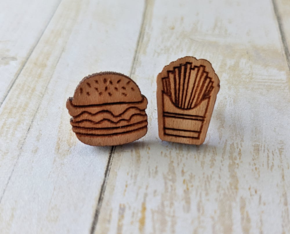 Burger and Fries Wooden Earring Studs